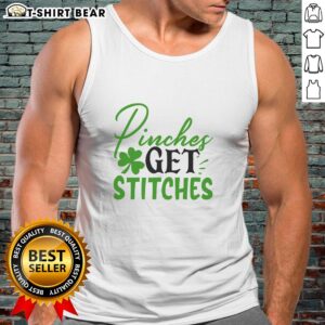 Official Pinches Get Stitches Irish Tank Top featuring vibrant green design for St. Patrick's Day celebrations.