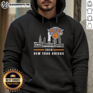 2026 New York Knicks hoodie featuring city skyline design and player names, perfect for fans and stylish sportswear.
