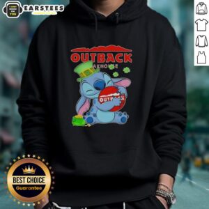 Alt Text: Cute Stitch hugging Outback Steakhouse logo on a Happy St. Patrick's Day hoodie, perfect for festive celebrations.