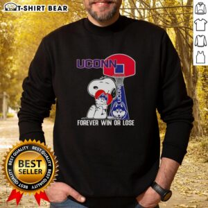 Official Peanuts Snoopy Forever Win or Lose UConn Huskies Basketball Sweatshirt featuring Snoopy in team colors.