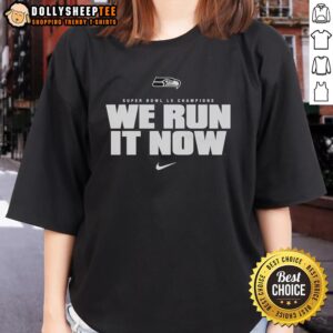 Premium Seattle Seahawks Super Bowl LX Champions We Run It Now Logo Up Ladies Tee showcasing team pride and style.