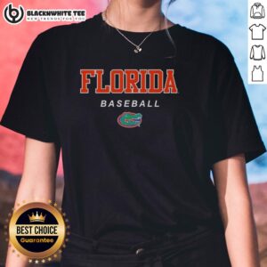 Official Florida Gators Baseball wordmark and logo on a ladies tee, perfect for fans and casual wear.