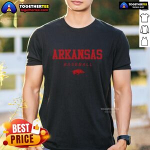 Nice Arkansas Razorback Baseball wordmark and logo T-shirt featuring bold graphics and vibrant colors.