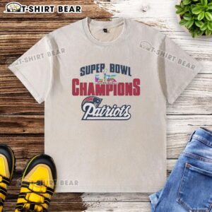 Official Super Bowl LX Champions New England Patriots football washed t-shirt, featuring team logo and championship details.