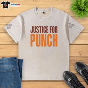 Alt Text: Original Justice For Punch The Monkey washed t-shirt featuring a vibrant graphic design and comfortable fit.