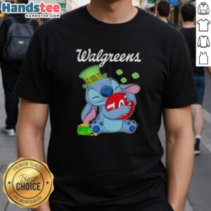 Premium Stitch St. Patrick's Day T-Shirt featuring Walgreens logo and festive hug design for a fun celebration.