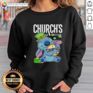 Alt Text: Cute Stitch hugging Church's Chicken logo on a Happy St. Patrick's Day sweatshirt, perfect for festive celebrations.