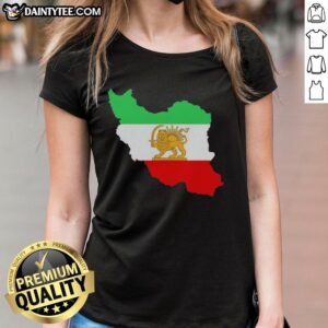 Premium Iran Map Lion and Sun Persian Heritage logo on a stylish ladies tee, celebrating Persian culture and identity.
