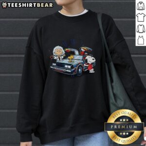 Top Snoopy and Woodstock Brown to the Future DeLorean mashup sweatshirt featuring vibrant graphics and cozy design.