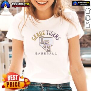 LSU Tigers baseball ladies tee featuring 'Geaux Tigers' design, perfect for female fans of LSU sports.