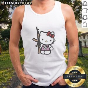 Nice Hello Kitty holding an AK-47 rifle on a stylish tank top design, blending cute and edgy fashion elements.