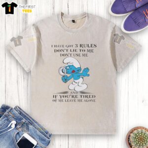 Alt Text: Washed T-shirt featuring Smurfs quote: '3 Rules: Don't Lie, Don't Use, Leave Me Alone' for casual wear.