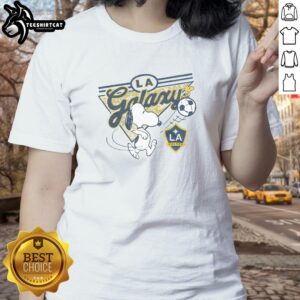 Premium Peanuts Snoopy X LA Galaxy ladies tee featuring a stylish design for fans and fashion lovers alike.