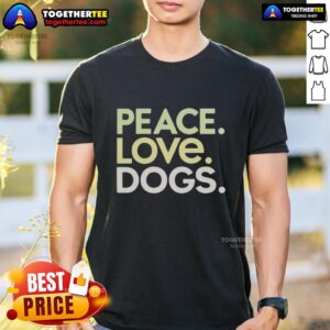 Awesome Peace Love Dogs T-Shirt featuring a colorful design of a peace sign, heart, and dog paw print.