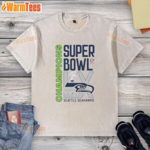 Alt Text: Pretty NFL Super Bowl LX trophy on a Seattle Seahawks champions washed t-shirt, perfect for fans.