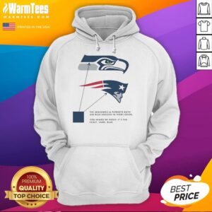 Hoodie featuring logos of Seattle Seahawks and New England Patriots, both using blue color 002244.