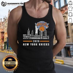 Alt Text: 2026 New York Knicks tank top featuring city skyline design with player names, perfect for basketball fans.