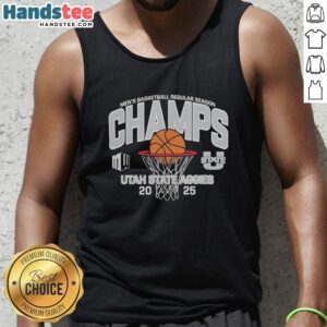 Utah State Aggies Men's Basketball 2025 Mountain West Champions tank top, featuring team colors and logo design.