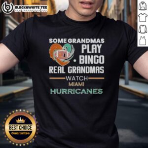 Funny 'Real Grandmas Watch Miami Hurricanes' T-shirt design for fans, featuring playful bingo theme and vibrant colors.