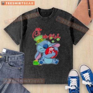 Adorable washed t-shirt featuring Cute Stitch hugging Chick-fil-A logo for St. Patrick's Day celebration.