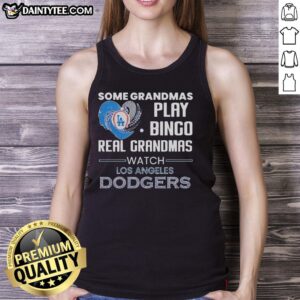 Grandmas playing bingo in Los Angeles, wearing diamond heart shape tank tops, celebrating the Dodgers.