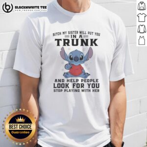 Top Stitch Index Finger T-Shirt: 'My Sister Will Put You In A Trunk' humorous design for bold statement wear.