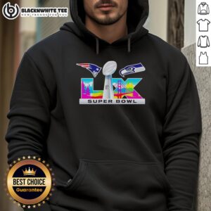 Good New England Patriots vs Seattle Seahawks Super Bowl LIX logo hoodie featuring team colors and iconic branding.