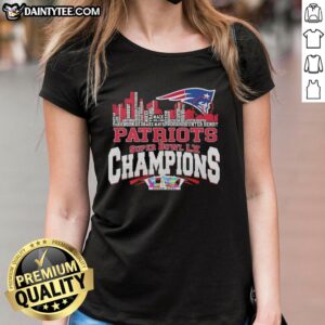 New England Patriots Super Bowl champions ladies tee featuring city skyline design and all player names.