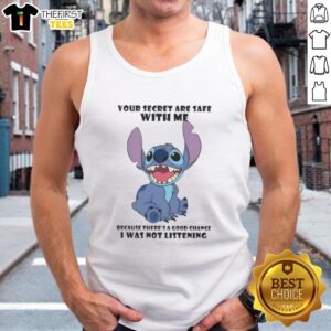 Cute Stitch tank top with 'Your secrets are safe with me' slogan, perfect for casual and fun outfits.
