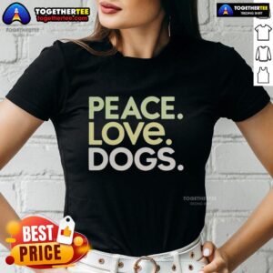 Awesome Peace Love Dogs Ladies Tee featuring a stylish design for dog lovers and peace advocates.