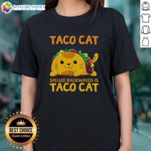 Cinco de Mayo ladies tee featuring a cute taco cat design, highlighting the playful 'Taco Cat' spelled backwards.