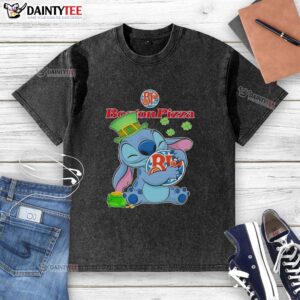 Nice Stitch Hug Boston Pizza logo on a Happy St. Patrick's Day washed t-shirt, perfect for festive celebrations.