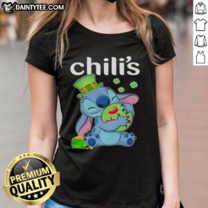 Happy St. Patrick's Day Ladies Tee featuring Nice Stitch Hug The Chilis logo in vibrant green and festive design.