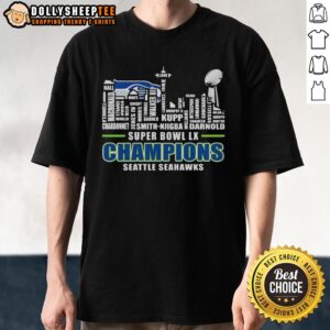 Premium Seattle Seahawks Super Bowl LX Champions T-Shirt featuring players' names and city skyline design.