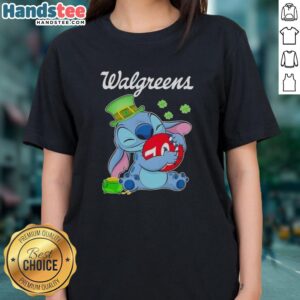 Premium Stitch St. Patrick's Day Hug Ladies Tee with Walgreens logo, perfect for festive celebrations and casual wear.