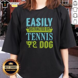 Alt Text: Funny dog easily distracted by tennis ball on a ladies tee, perfect for tennis lovers and dog enthusiasts.