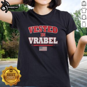 Top-Vested-In-Vrabel-Flag Ladies Tee featuring vibrant graphics and comfortable fit for stylish casual wear.