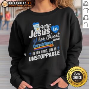 Awesome Dutch Bros sweatshirt featuring 'Off With Jesus In My Heart' design, perfect for coffee lovers and fashion enthusiasts.