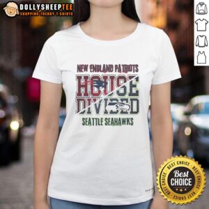 Official New England Patriots vs Seattle Seahawks house divided ladies tee showcasing team logos and vibrant colors.