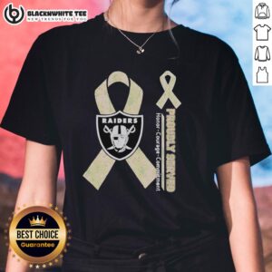 Alt Text: Hot Las Vegas Raiders Ladies Tee showcasing honor, courage, and commitment in stylish sportswear design.