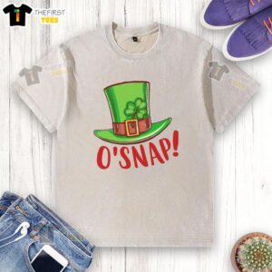 Alt Text: Pretty Osnap St. Patrick's Day leprechaun hat and shamrock design on a washed t-shirt for festive celebrations.