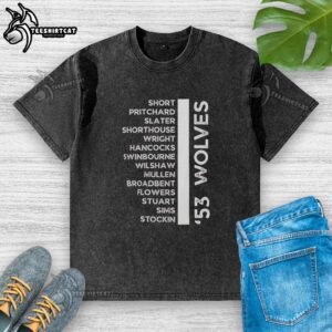 Alt Text: 1953-54 Wolves Legends Championship Squad washed t-shirt featuring iconic players and vintage design.