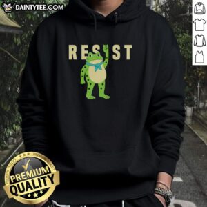 Colorful Nice Resist Portland frog caricature hoodie featuring a playful frog design, perfect for casual wear.