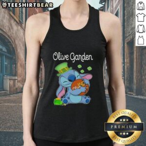 Pretty stitch design on a St. Patrick's Day olive garden logo tank top for festive fashion.