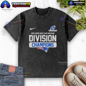New England Patriots 2025 Super Wild Card Weekend Division Champions NFL washed t-shirt featuring team logo and vibrant design.