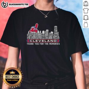 Alt Text: Cleveland Guardians Baseball Ladies Tee featuring skyline design and 'Thank You For The Memories' text.