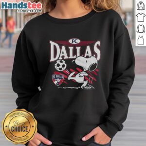 Top Peanuts Snoopy X FC Dallas Sweatshirt featuring iconic cartoon character Snoopy in team colors.