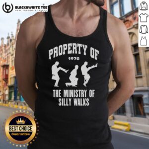 Official Property of the Ministry of Silly Walks silhouette on a 1970 tank top, playful design for fans of Monty Python.