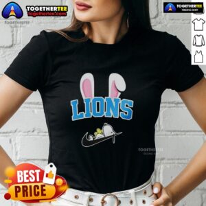 Good Detroit Lions X Snoopy Happy Easter ladies tee featuring colorful graphics and festive design for fans.
