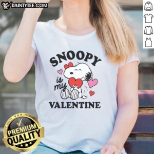 Adorable 'Cute Peanuts Snoopy Is My Valentine' ladies tee featuring Snoopy and heart graphics, perfect for Valentine's Day.